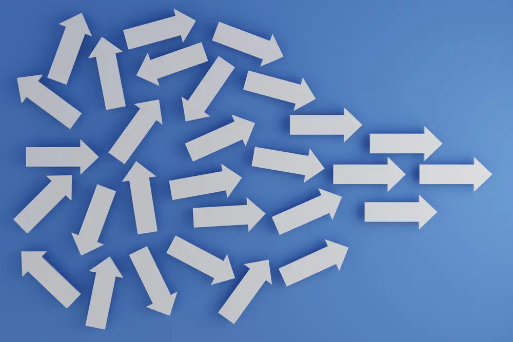 Bilden symboliserar processorientering och hur man organiserar sig för att få alla att dra åt samma håll. En stor grupp med pilar som pekar åt olika håll men med vissa pilar som pekar åt samma riktning.